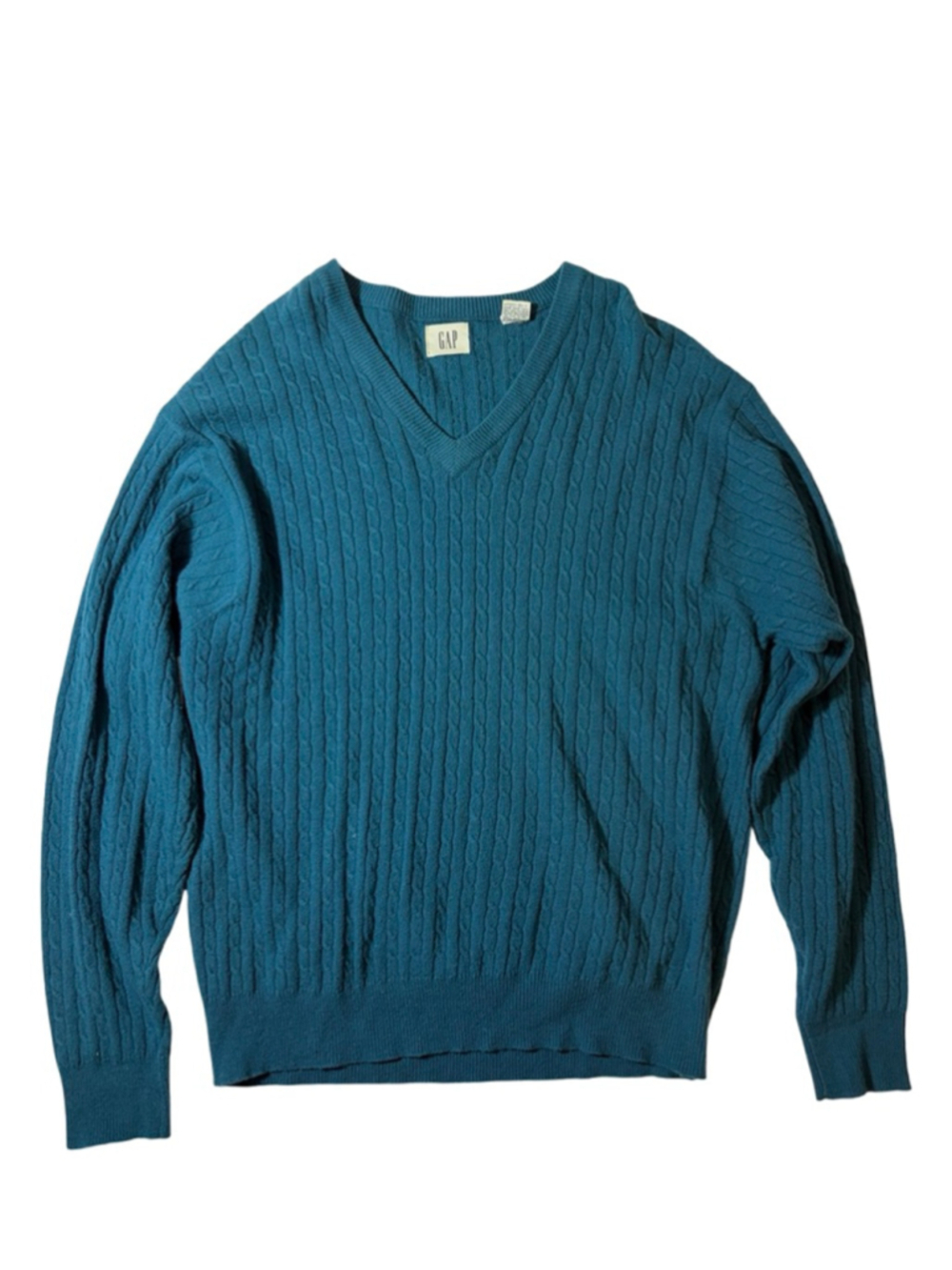 GAP Lambswool Cable Knit V Neck Sweater Teal Blue Grandpa Preppy